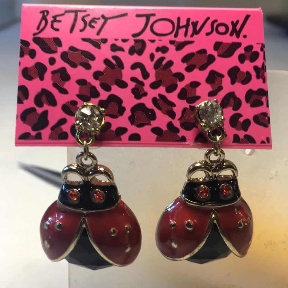 Betsey Johnson red & black enamel ladybug, red rhinestone eyes dangle earrings - Picture 8 of 9